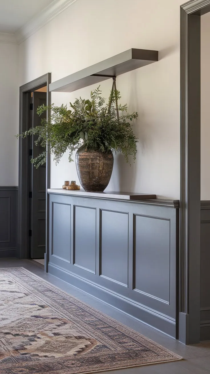 Clean lines and classic charm meet in this stunning entryway. The floor-to-door wainscoting adds architectural detail, while the floating shelf and lush greenery bring a touch of nature indoors, creating a welcoming ambiance.