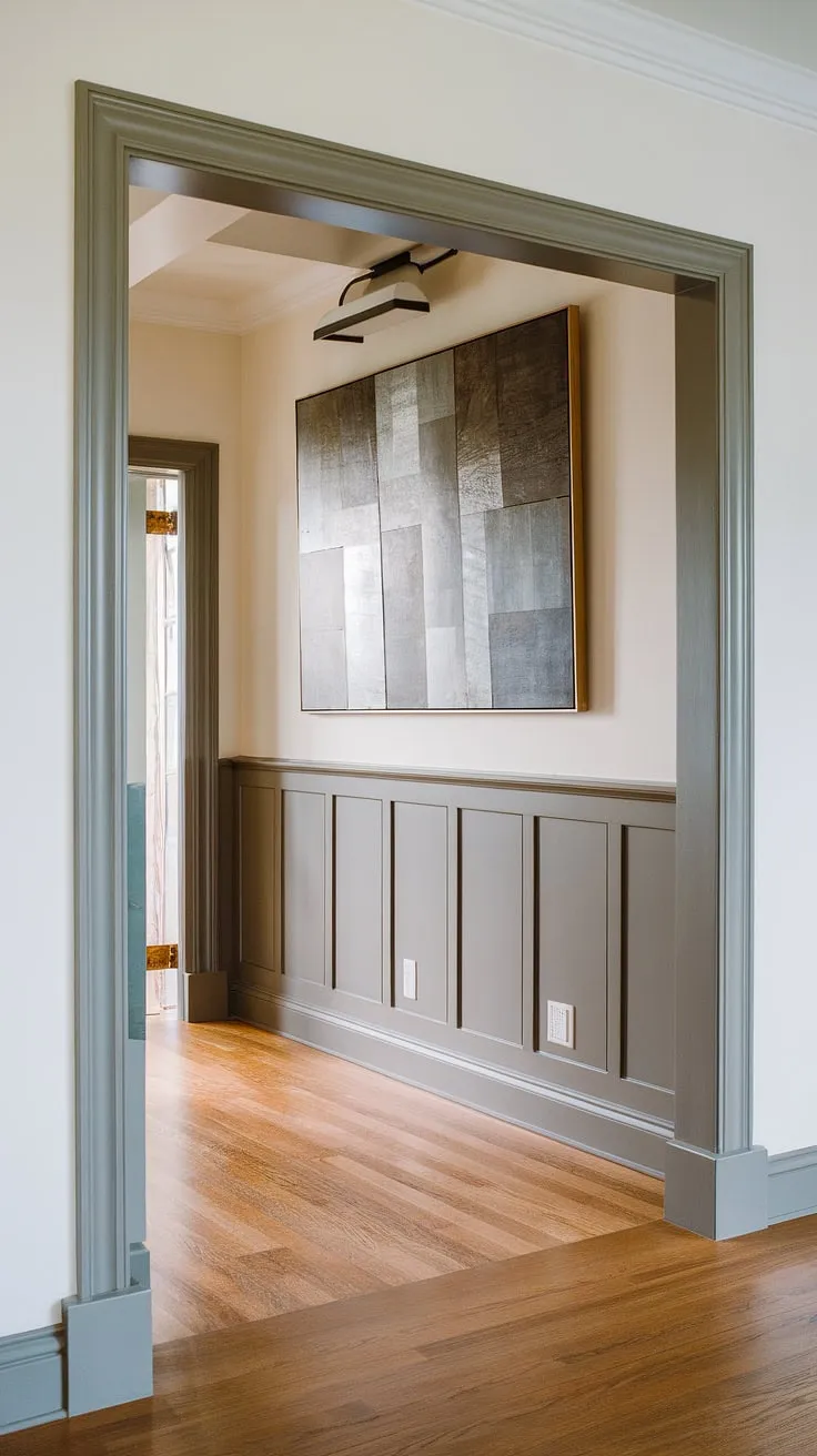 This hallway's transformation is stunning! The crisp white walls are beautifully accented by the modern wainscoting, creating a sense of spaciousness and calm. A sophisticated choice for any home, the paneling's clean lines and subtle spacing add a touch of understated luxury. A statement piece above, A refined aesthetic, A truly inspiring space.