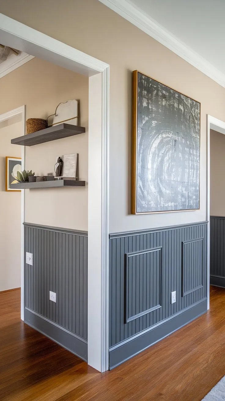 This hallway transformation is all about clean lines and impactful design. A modern wainscoting installation in dark grey beautifully complements the light beige walls, creating a sophisticated and welcoming entryway. The addition of floating shelves and a large piece of art completes the look, showcasing a DIY project that's both stylish and functional. A stunning example of how a little creativity can make a big difference.