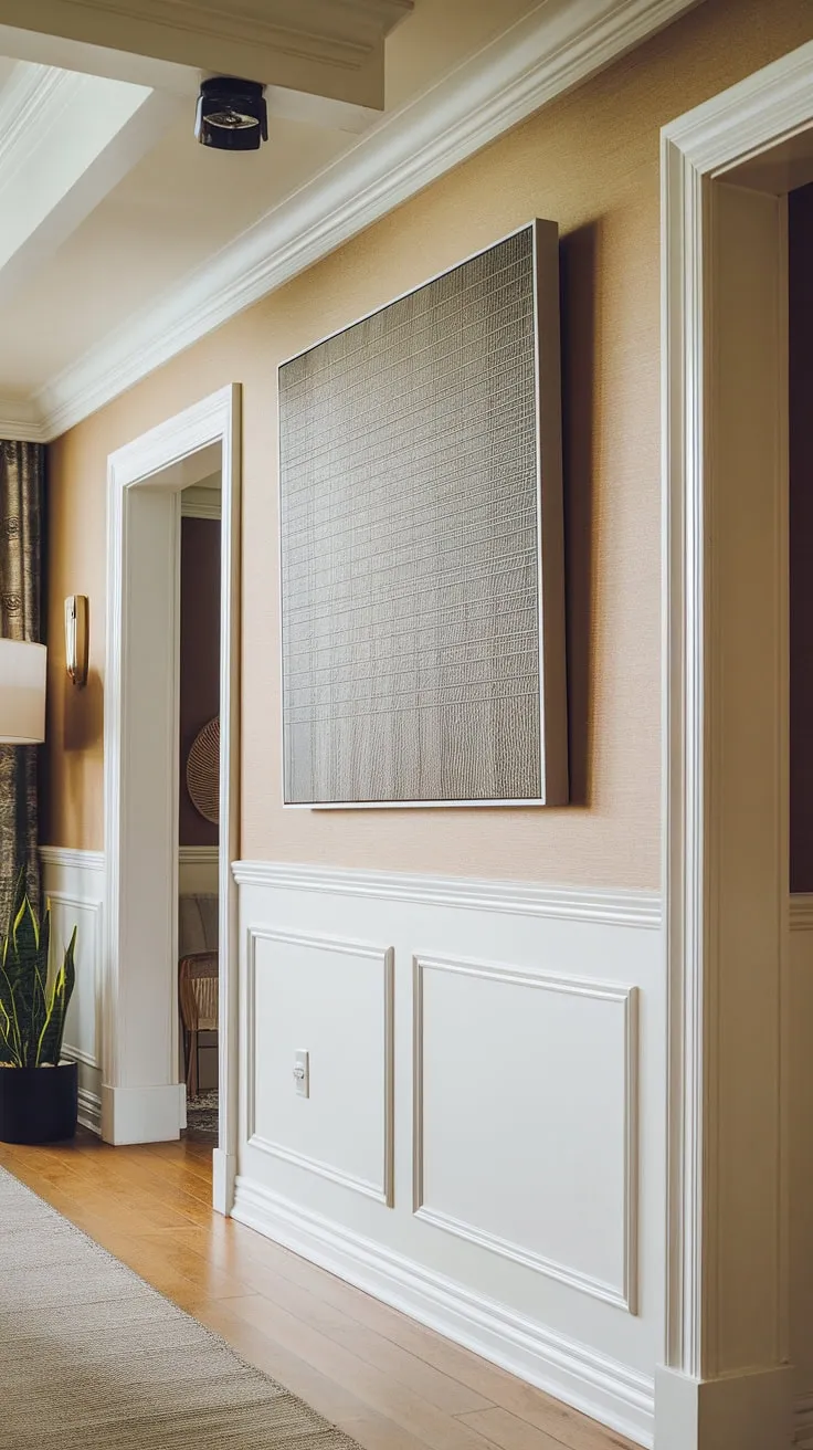 This DIY wainscoting project elevates this hallway from ordinary to extraordinary. The clean lines and bright white of the wainscoting beautifully complement the beige walls and hardwood floors, creating a space that's both elegant and functional. The large artwork adds a final touch of personality and style.
