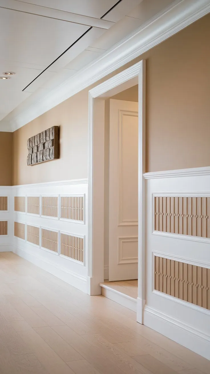 This hallway's modern wainscoting is a stunning focal point, showcasing a beautiful balance of color and pattern. The beige and white palette, complemented by the light wood flooring, creates a bright and airy feel, while the artwork above the door adds a touch of personality. A testament to the power of simple elegance.