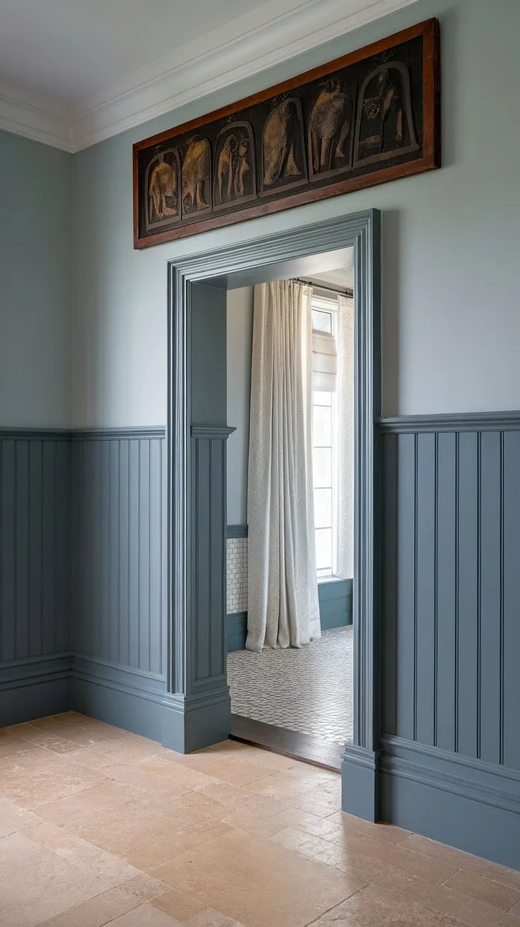 Serene sophistication meets modern design in this bathroom retreat. The elegant wainscoting, extending to the ceiling, frames a stunning piece of art, creating a focal point that elevates the entire space. The light blue walls and beige tile flooring complete the calming ambiance. A perfect blend of classic and contemporary.