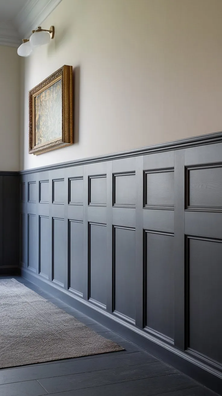 Classic meets contemporary in this stunning entryway. The detailed wainscoting, extending from floor to a tasteful height, adds architectural interest and a touch of elegance, perfectly complemented by the sleek grey flooring and a statement piece of art. A sophisticated blend of textures and tones creates a welcoming atmosphere.