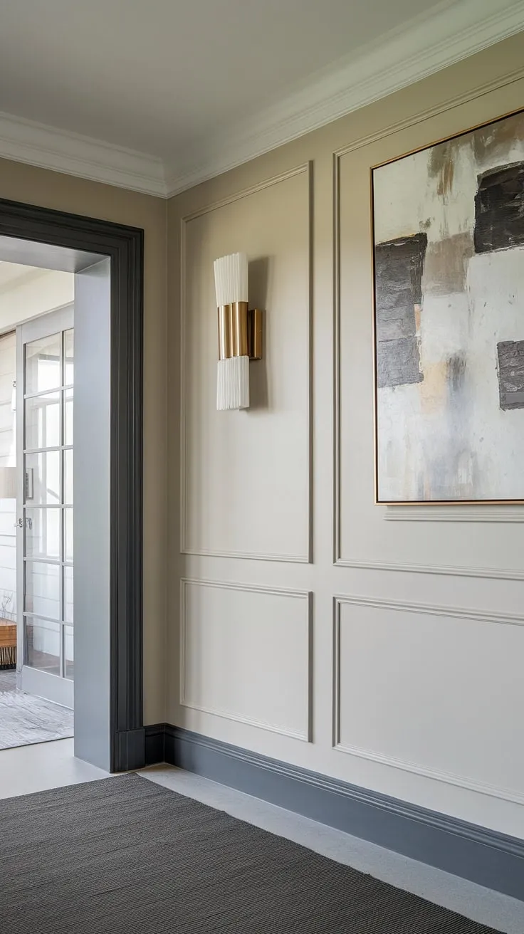 This modern entryway is a study in contrasts. The clean lines of the white wainscoting and dark gray accents are elevated by a bold abstract painting and soft lighting from the wall sconce. The dark gray rug and door frame complete the look, resulting in a sophisticated and inviting a space that sets the tone for the entire home.