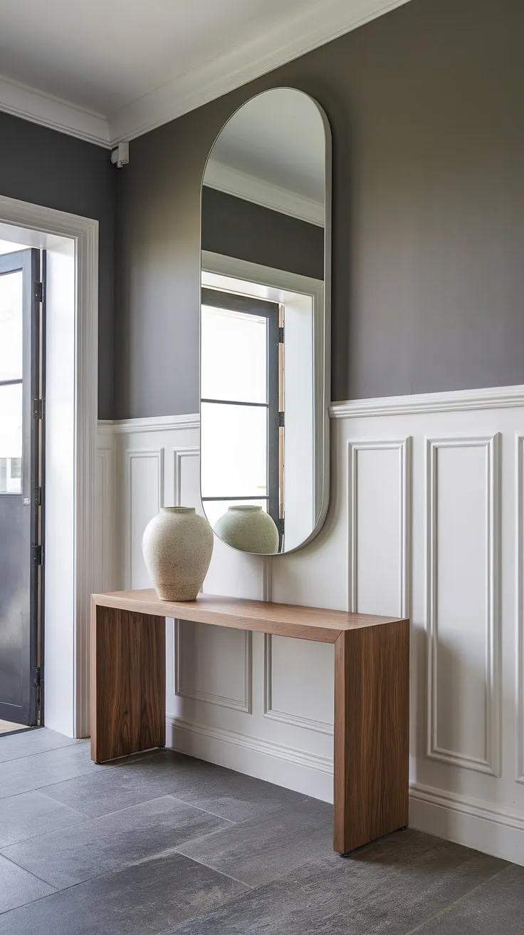 This stunning entryway is the epitome of understated luxury. The clean lines of the white wainscoting, the calming gray walls, and the expansive mirror all work together to create a bright and airy space. The carefully chosen console table and vase complete the look, adding a touch of warmth and personality.