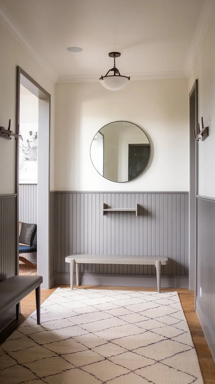 Sophisticated simplicity defines this entryway. The rich wood wainscoting, extending to the doorway height, creates a sense of grandeur, beautifully complemented by the clean lines of the white walls and a large round mirror. A small shelf provides a practical touch, while the patterned rug adds warmth underfoot. The overall effect is one of understated elegance.