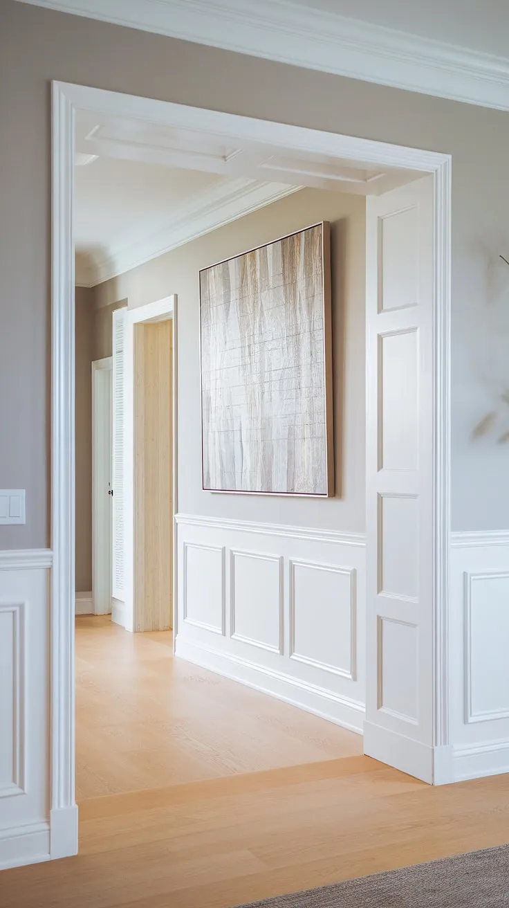 This hallway transformation is all about the details. A full-height wainscoting installation, meticulously crafted with paint-grade plywood, adds architectural interest and a touch of timeless elegance. The subtle gray walls and light hardwood floors provide the perfect backdrop, showcasing the beauty of the design. A true statement piece.