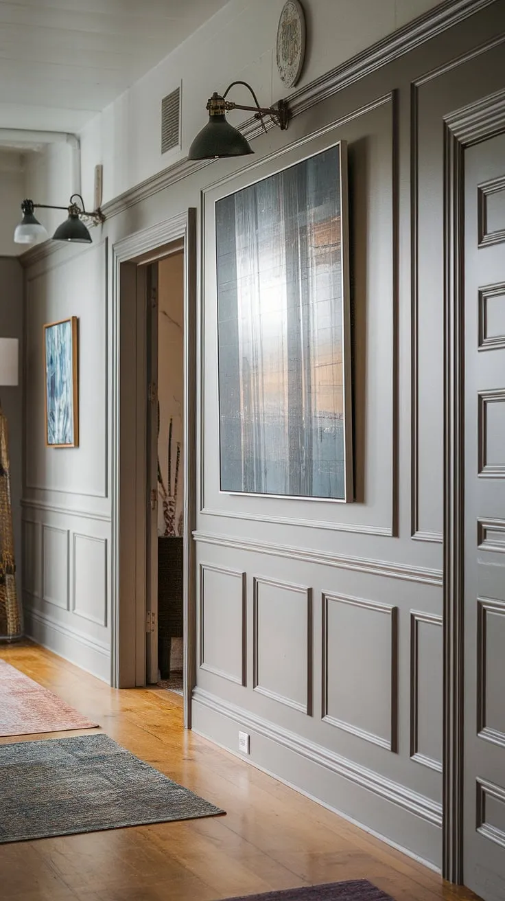 This hallway transformation is proof that DIY can be seriously chic. The custom wainscoting, extending all the way to the ceiling and around the doorways, adds architectural detail and a touch of classic elegance, while the carefully curated art and lighting above create a warm and inviting atmosphere. A testament to thoughtful design and skillful execution, this space is a beautiful blend of modern and traditional aesthetics. A perfect example of how a little creativity can go a long way.