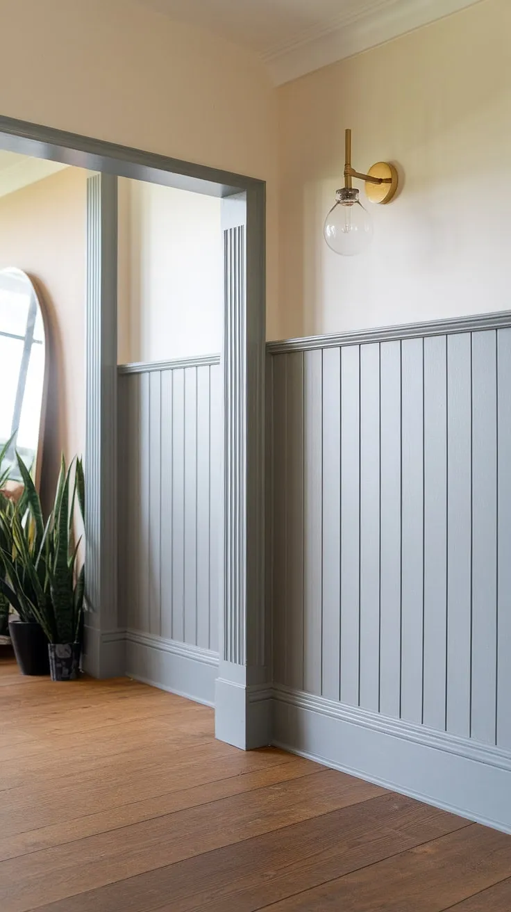 Classic elegance meets modern design in this entryway. The crisp white walls and meticulously spaced wainscoting create a timeless appeal, while the warm wood floors and stylish light fixture add a touch of contemporary warmth. A perfect blend of old-world charm and updated sophistication.