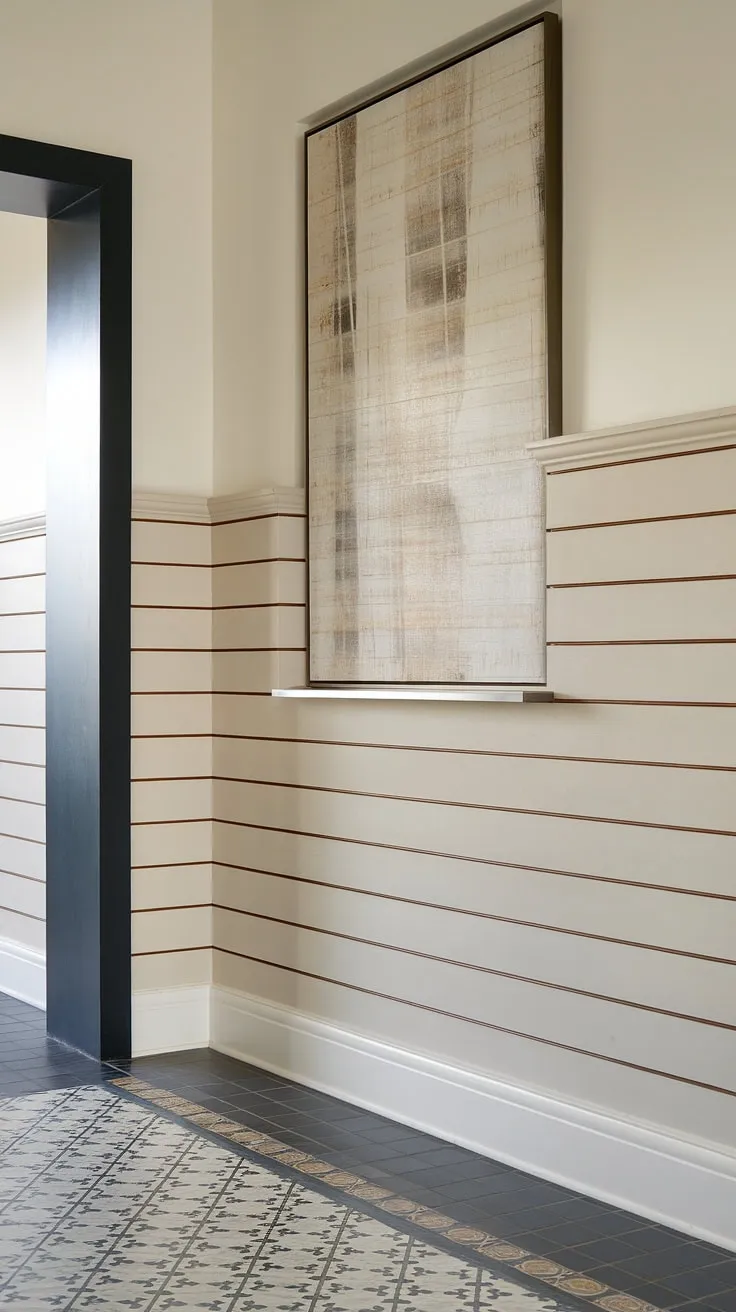 A striking contrast of dark and light, this entryway uses wainscoting to create visual interest. The simple elegance of the white base and paneling is elevated by the bold abstract artwork perched on the ledge, a perfect focal point as you enter. The patterned tile floor adds a layer of texture and personality to this thoughtfully designed space.