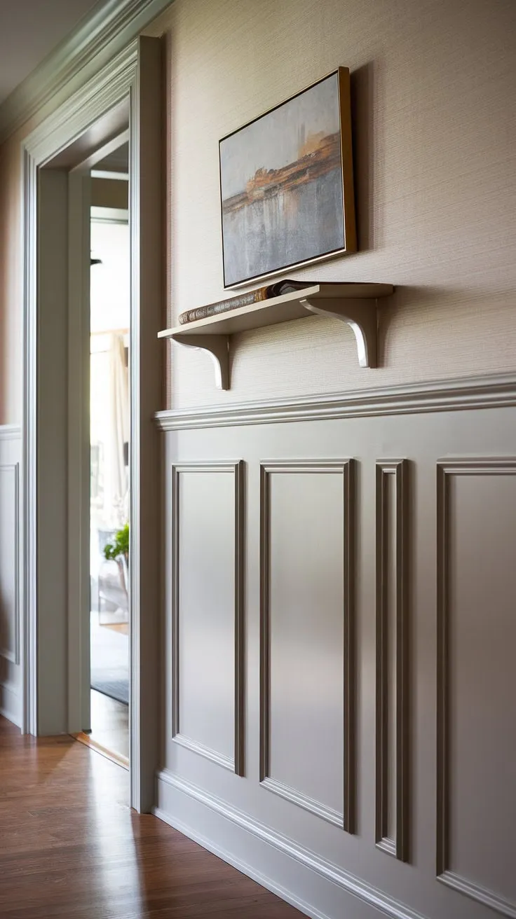 Sophisticated simplicity defines this entryway. The textured walls, rich hardwood floors, and elegant wainscoting create a welcoming atmosphere, perfectly complemented by the artwork above. A touch of modern design elevates the classic charm. A truly inviting space.