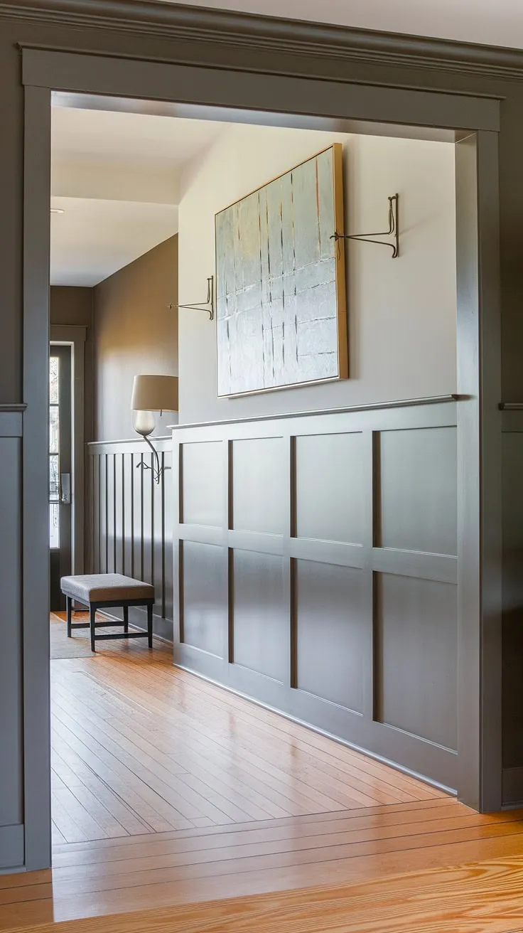Classic elegance meets modern minimalism in this entryway. The crisp white walls, accented by rich wood wainscoting and a striking abstract painting, create a welcoming and sophisticated atmosphere. A thoughtfully curated collection of furniture completes the design, showcasing the perfect balance between form and function. The subtle gap between each panel of the wainscoting adds a touch of unexpected detail, enhancing the overall aesthetic.