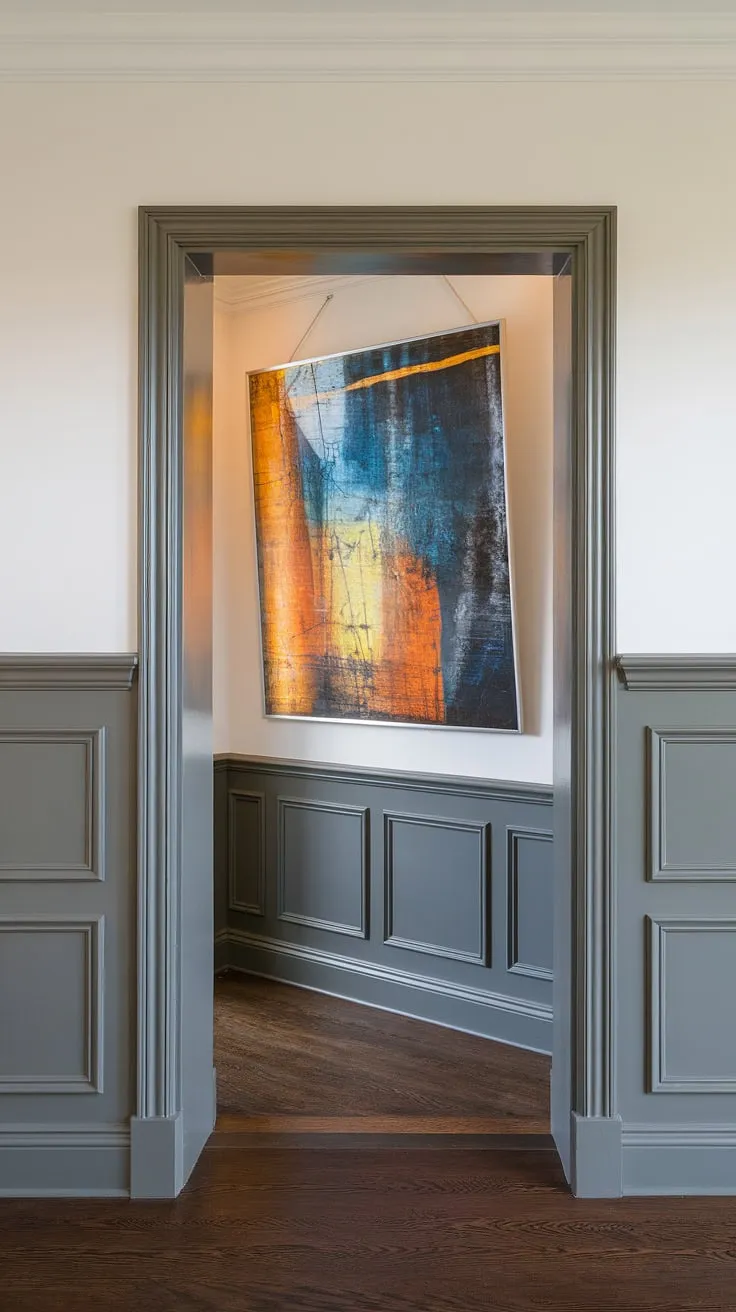 A curated blend of textures and colors welcomes you home. The interplay of the gray wainscoting, dark wood floors, and the bold abstract artwork above the door creates a sophisticated and inviting a ambiance.