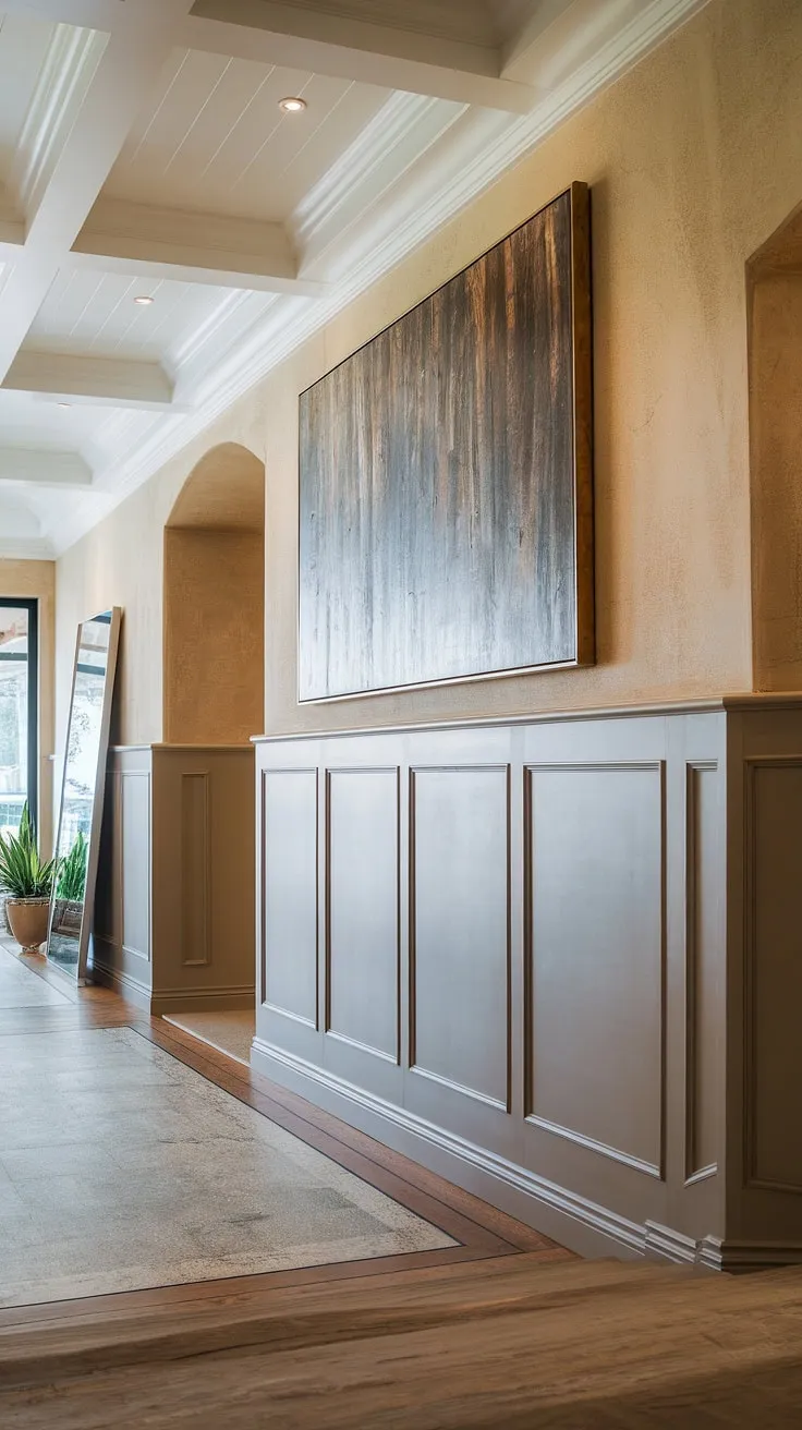 Where modern meets classic. The clean lines of the wainscoting create a stunning contrast against the textured upper walls, showcasing a sophisticated blend of styles and textures. A statement piece of art completes the look, setting the tone for the home's elegant interior.