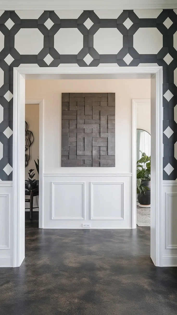 This entryway is a masterclass in design, showcasing the unexpected elegance of combining traditional wainscoting with a bold, contemporary geometric wall treatment. The careful spacing of the panels and the thoughtful selection of artwork and accessories create a cohesive and inviting atmosphere. A stunning example of how to seamlessly blend styles.