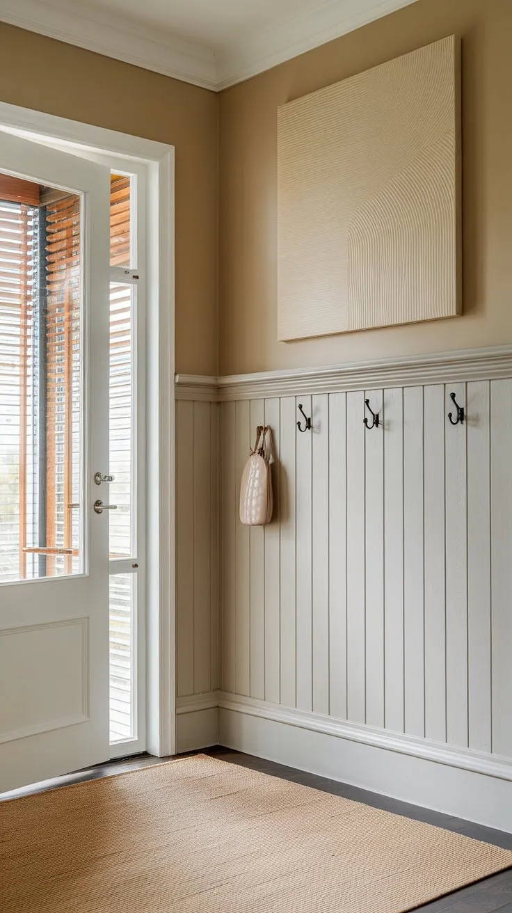 The subtle grey wainscoting adds a touch of understated elegance to this entryway, perfectly complementing the beige walls and abstract artwork. A calming space to welcome guests and begin the day. A perfect blend of modern and classic design.