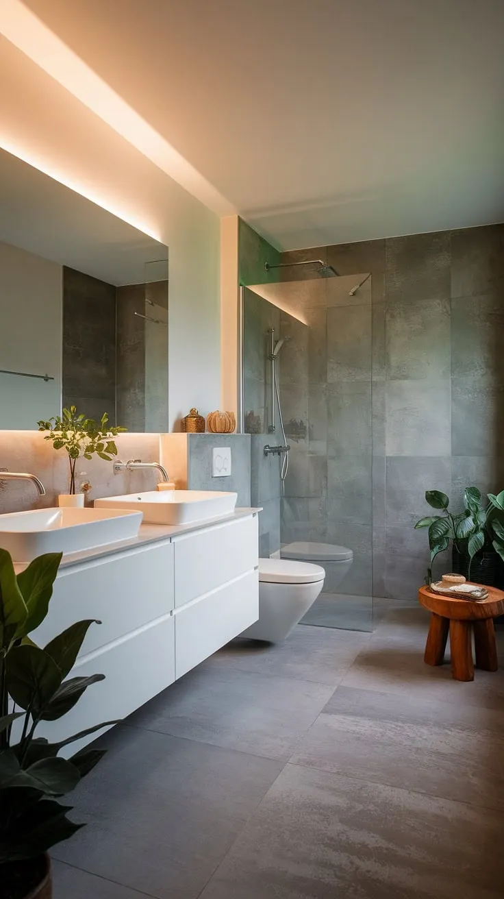 Find your sanctuary in this minimalist zen bathroom. The calming grey tiles, soft lighting, and thoughtful placement of plants create a space of pure serenity. A perfect blend of modern design and tranquil escape. A truly restorative retreat awaits.