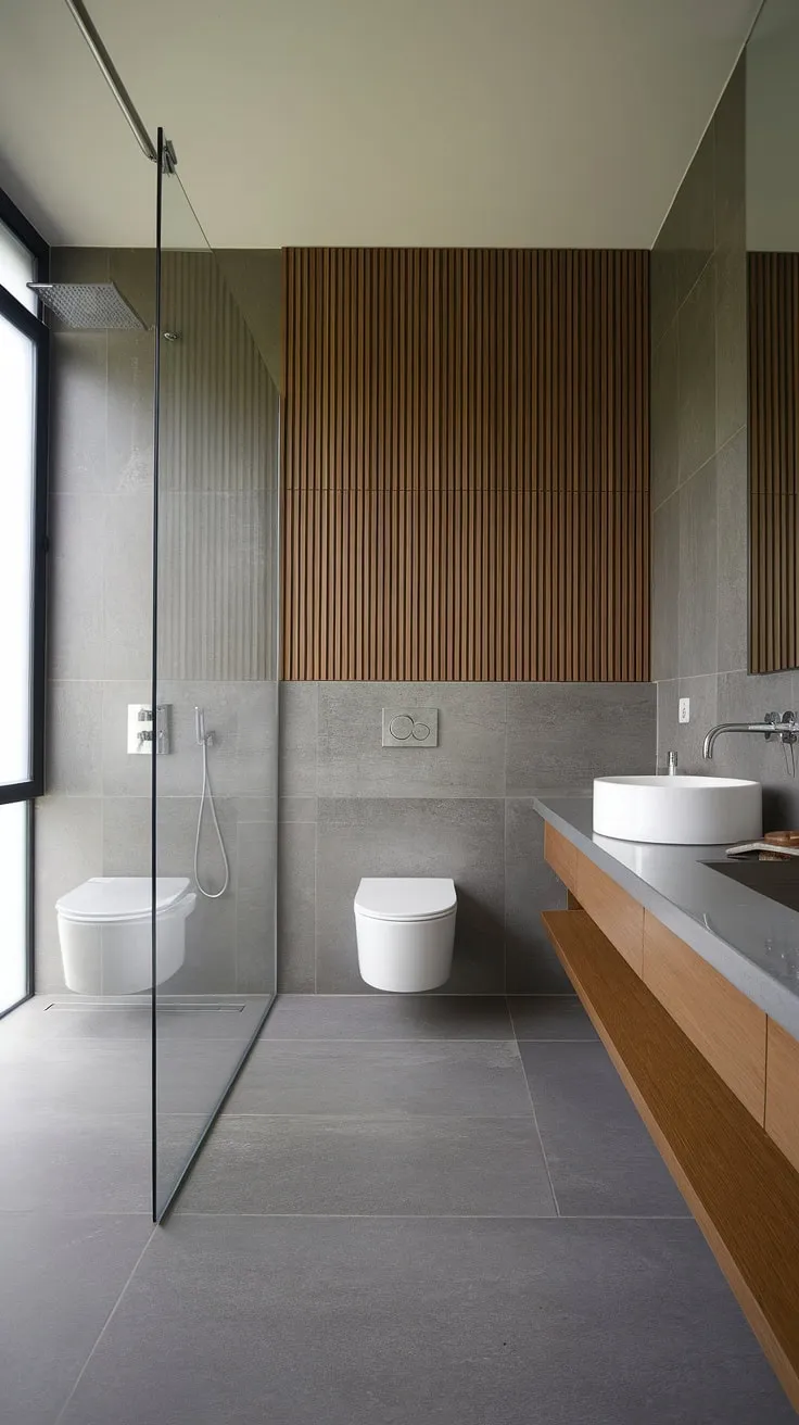 Find serenity in this minimalist bathroom, where clean lines and natural light create a tranquil escape. The grey tile floor, floating vanity, and glass shower enclosure contribute to a spa-like atmosphere, perfect for unwinding after a long day. A vertical wooden panel adds a touch of warmth, balancing the cool tones of the space.