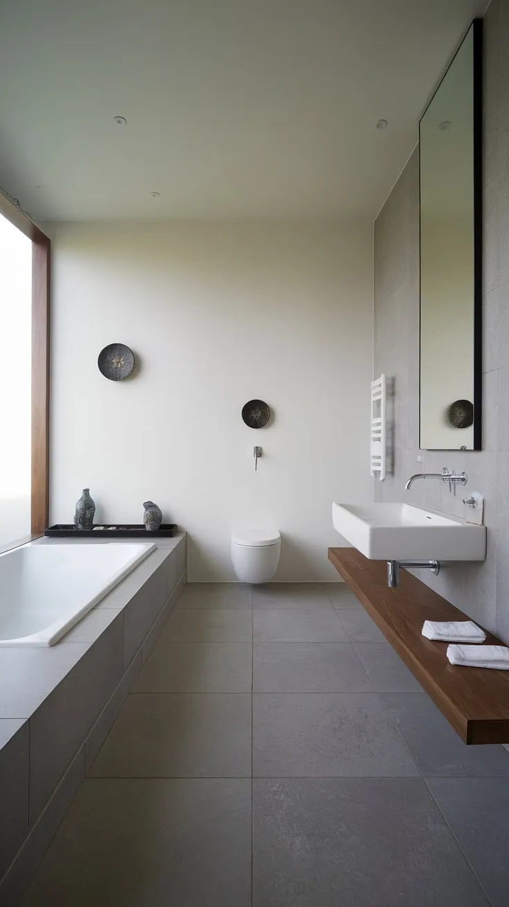Step into a world of calm. This modern bathroom's minimalist design, featuring a sleek white bathtub and calming grey tiles, offers a tranquil escape. A perfect space for self-care and rejuvenation, it's a testament to the power of simple elegance.