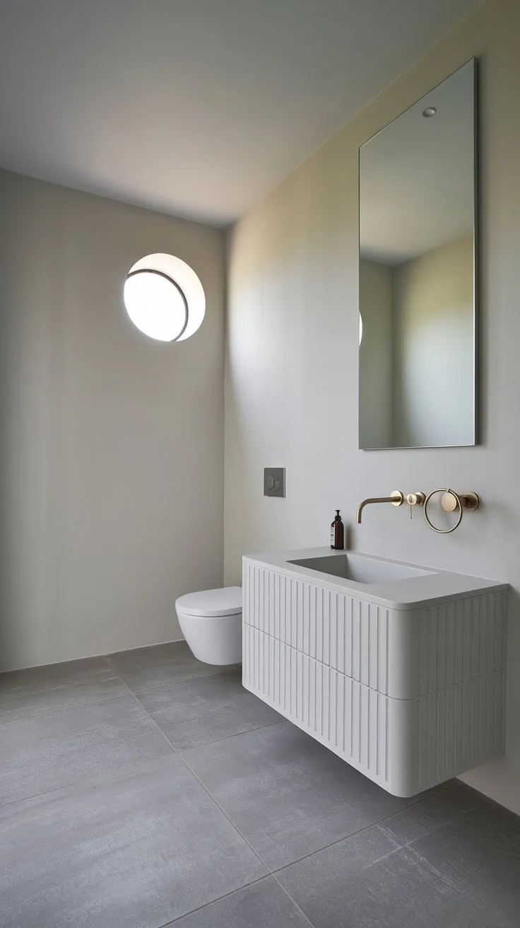Escape the everyday in this tranquil zen bathroom. The minimalist design, featuring a sleek white vanity and calming gray walls, fosters a sense of peace and rejuvenation. The carefully chosen details, such as the circular faucet and large gray floor tiles, contribute to the overall sense of calm and sophistication. A perfect space for mindful moments.