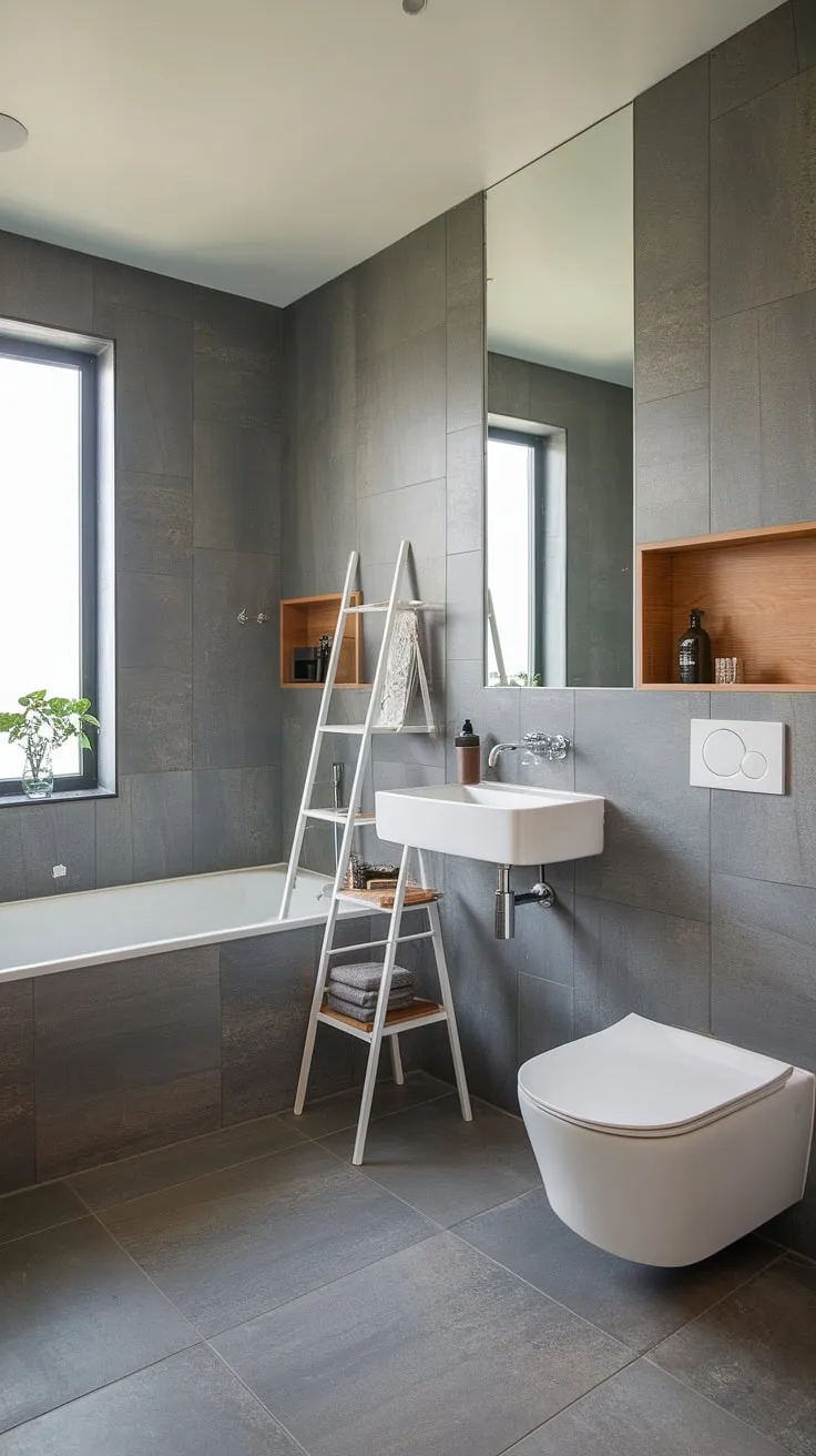 Find your center in this exquisitely designed bathroom. The calming grey tones and simple, elegant lines of the white bathtub, sink, and toilet create a haven of tranquility. A wooden shelf and a simple ladder add subtle warmth to the space, completing the minimalist aesthetic.