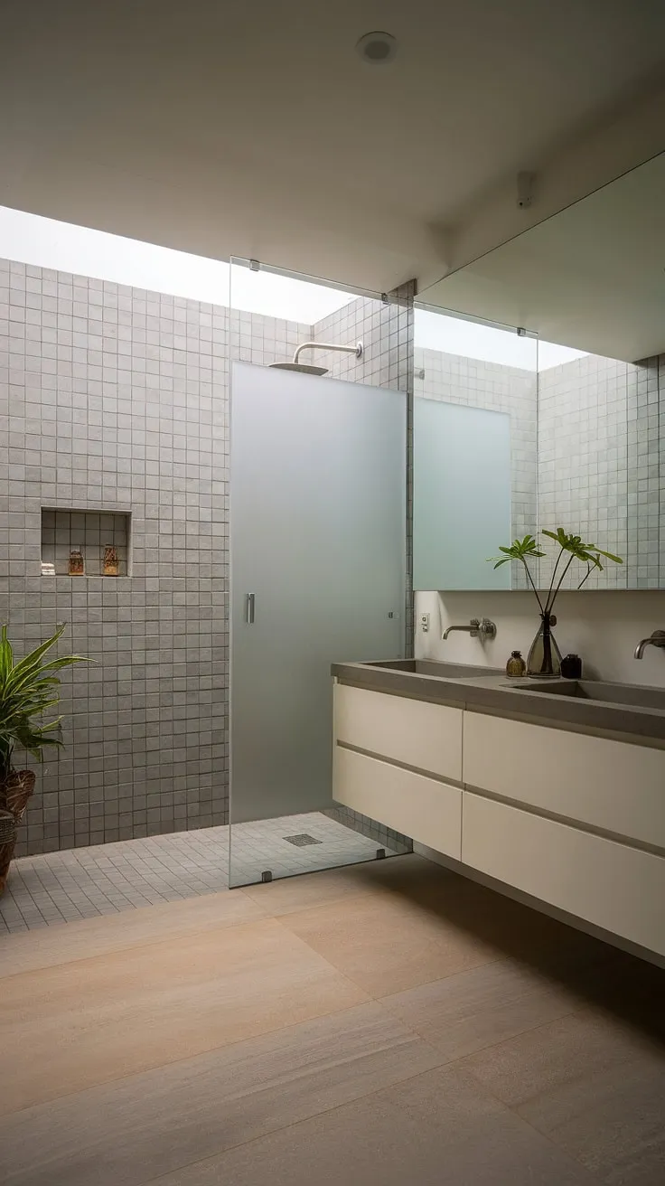 Find your sanctuary in this minimalist zen bathroom. The soft lighting, grey tiles, and frosted glass shower create a serene escape, perfect for unwinding after a long day. A touch of nature with potted plants completes the tranquil atmosphere.