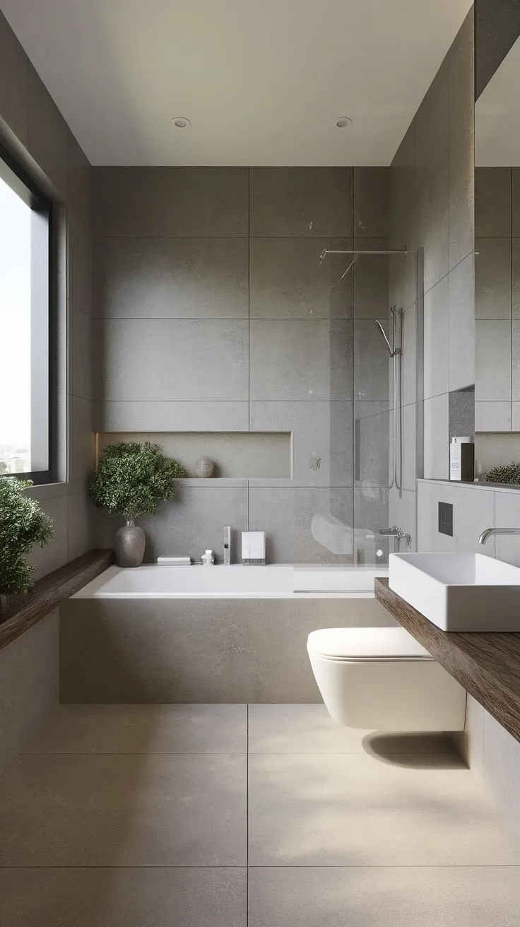 This modern zen bathroom is a testament to understated luxury. The gray tiles, white sanitaryware, and soft beige flooring create a harmonious palette, while the natural light and small plant add a touch of life and warmth. A space designed for relaxation and rejuvenation, it's the epitome of calm.