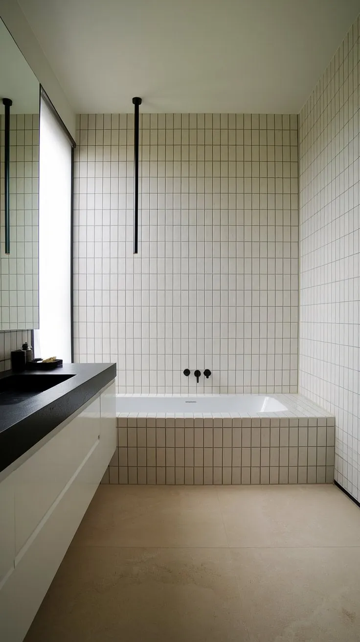Find your sanctuary in this minimalist bathroom, where clean lines and natural light create a serene escape. The black accents against the white tiles and freestanding tub offer a sophisticated contrast, perfectly balancing modern design with a calming zen atmosphere. A perfect space for mindful self-care.