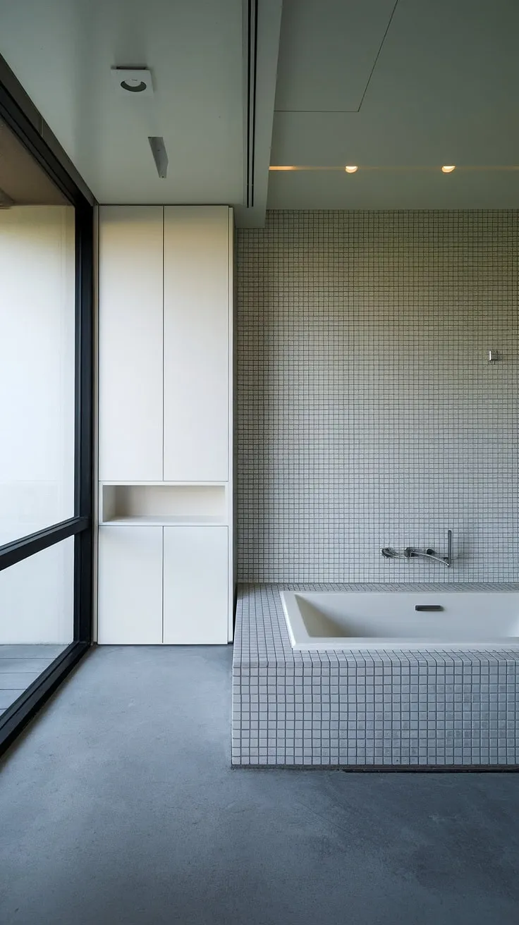 Bathed in natural light, this zen-inspired bathroom offers a tranquil escape. The minimalist design, featuring a freestanding white bathtub and grey concrete flooring, exudes a sense of calm and understated luxury. The small white tiles and simple cabinet create a harmonious space, perfect for unwinding and reconnecting with oneself.