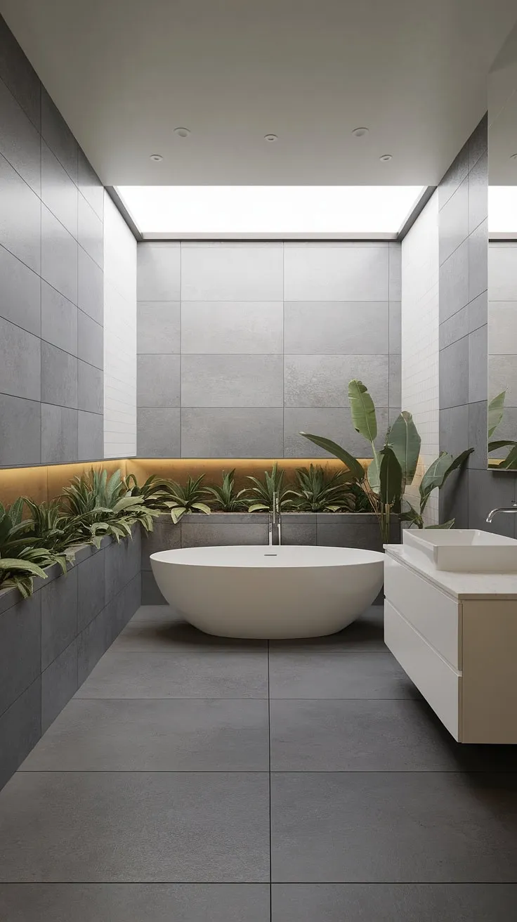Embrace tranquility in this modern bathroom. Clean lines, a freestanding tub, and the soft glow of natural light through the large window combine to foster a sense of peace and rejuvenation, allowing you to fully experience the restorative power of a mindful self-care.