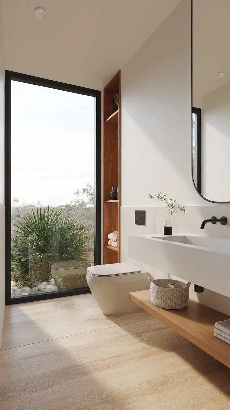 This minimalist bathroom is a testament to the power of simple elegance. Natural light floods the space, highlighting the clean lines and calming white surfaces. The carefully chosen details, from the black faucet to the small potted plant, add subtle character without compromising the overall sense of peace and serenity.