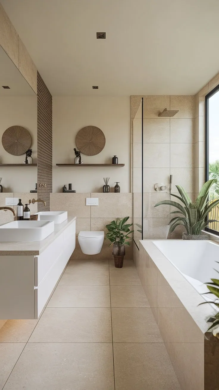Indulge in the serenity of this minimalist zen bathroom. Natural light floods the space, highlighting the calming beige tones and clean lines, creating a sanctuary for relaxation and rejuvenation. The carefully curated décor, including potted plants, adds a touch of nature's tranquility. A perfect escape from the everyday.