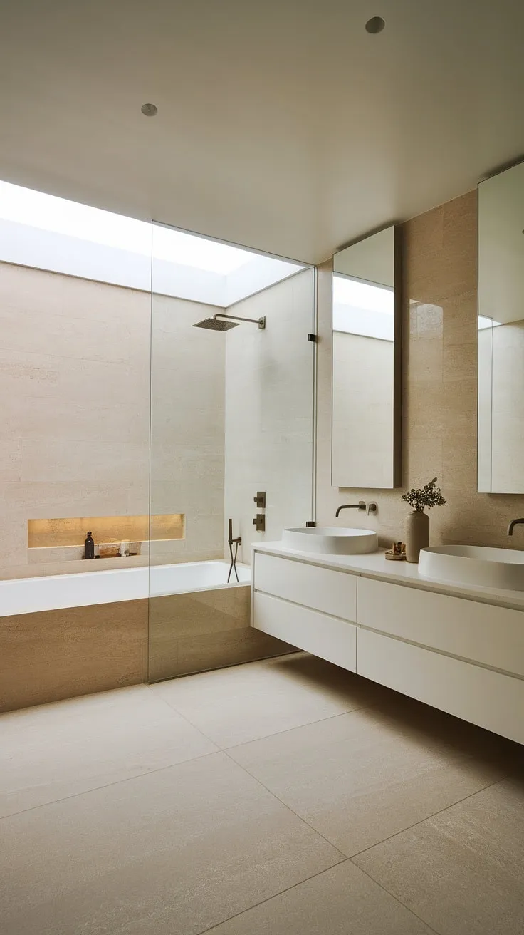 Find your sanctuary in this minimalist zen bathroom. The natural light streaming through the skylight illuminates the calming beige tiles, creating a spa-like atmosphere perfect for unwinding after a long day. A clean, white aesthetic, complete with a freestanding tub and a spacious shower, offers a tranquil escape.