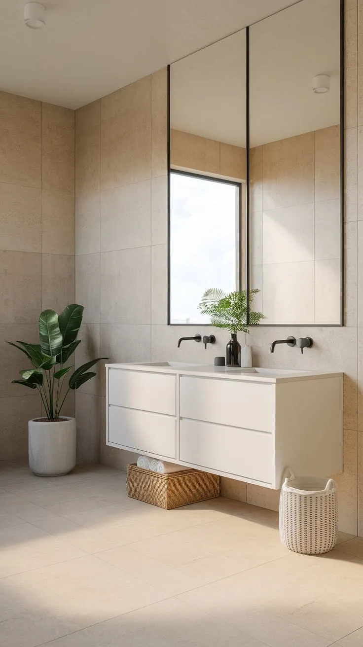 This modern zen bathroom is a sanctuary of calm. Clean lines, neutral tones, and thoughtful details-like the potted plant and minimalist vanity-combine to create a space that promotes relaxation and well-being. The natural light streaming through the window enhances the feeling of serenity.