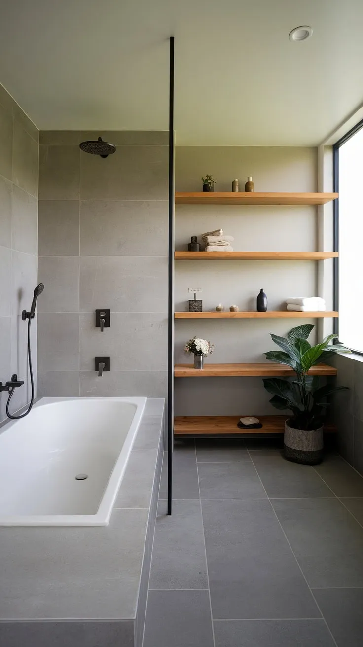 Escape the everyday in this modern bathroom oasis. A rainfall shower and freestanding tub invite relaxation, while the wooden shelves and grey tiles add a touch of understated elegance. The natural light streaming through the window enhances the feeling of calm and peace, creating a truly rejuvenating space.