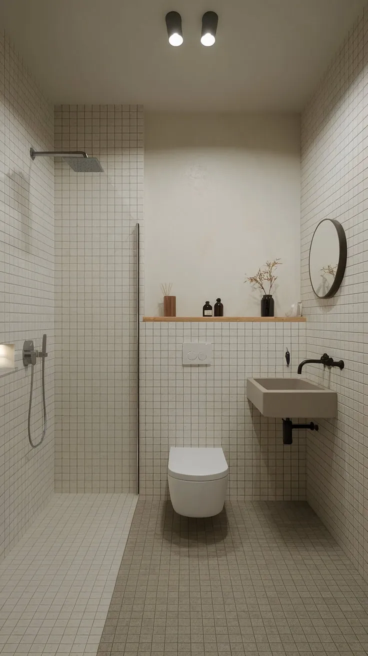 Escape the everyday in this exquisitely simple bathroom. Large white tiles and a neutral palette foster a sense of peace and tranquility, perfect for a mindful moments of rejuvenation.