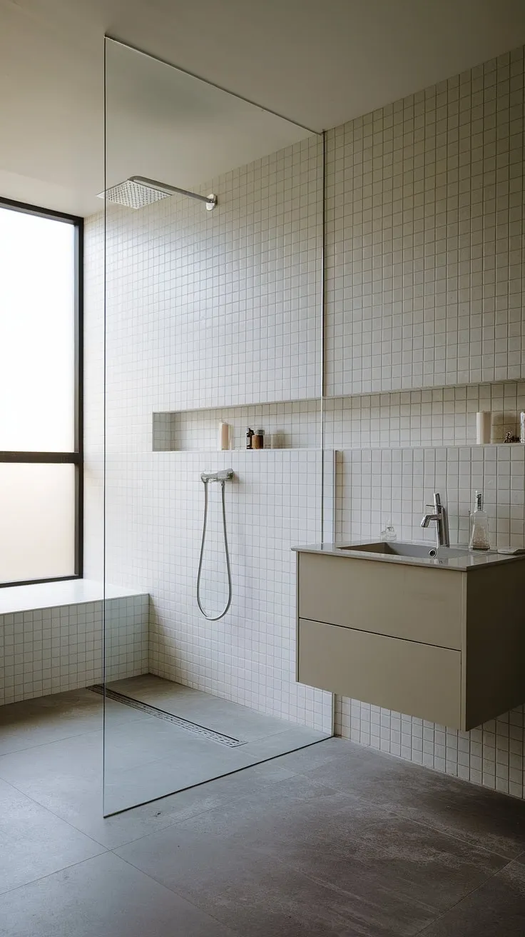 Step into serenity. This modern bathroom's minimalist design, featuring a spacious walk-in rainfall shower and sleek grey tile flooring, offers a tranquil escape. The white subway tiles and simple vanity create a clean aesthetic, perfectly complemented by the natural light streaming through the window. A perfect blend of form and function for ultimate relaxation.