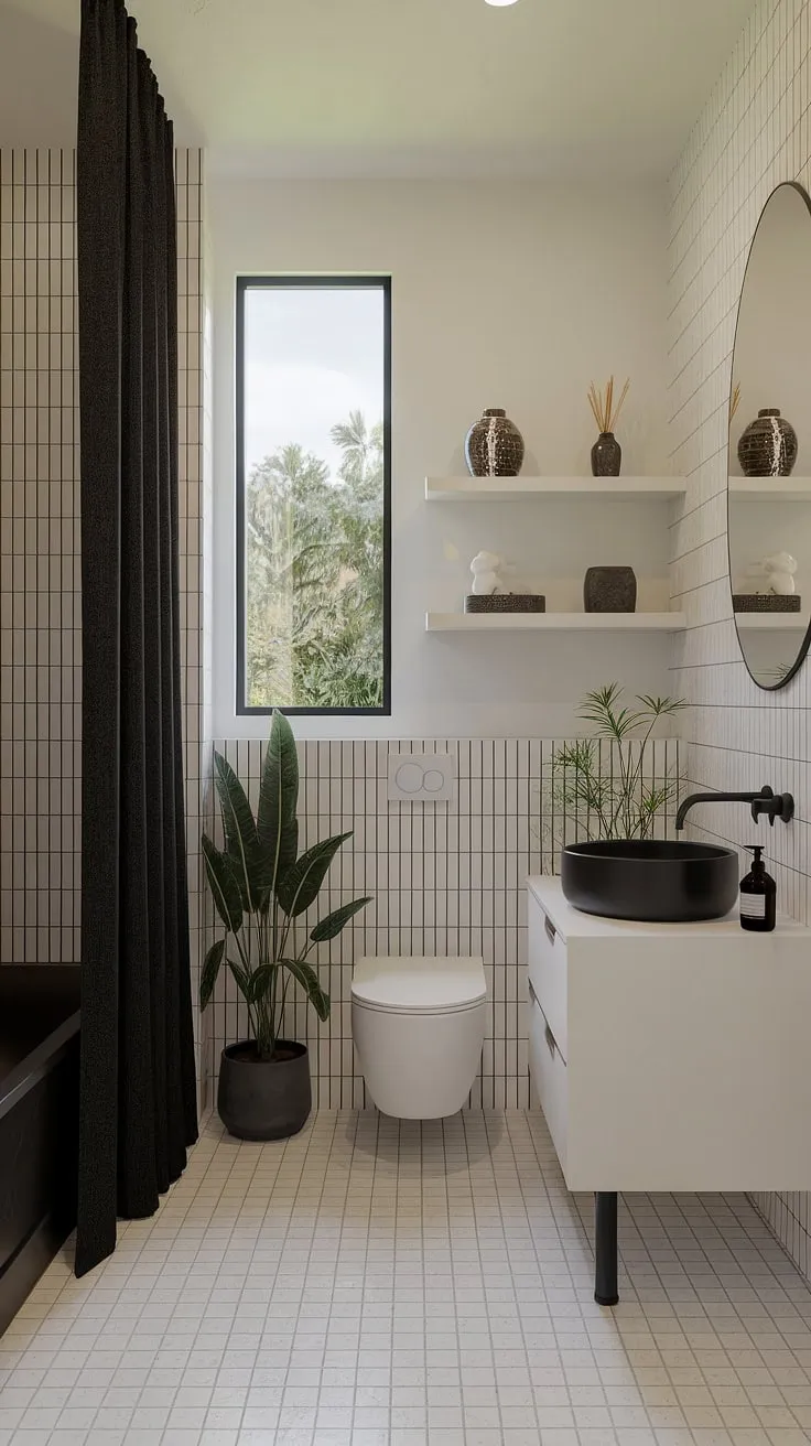 This modern bathroom design seamlessly blends functionality with tranquility. The white and black palette, complemented by the natural elements and thoughtful details, offers a calming oasis where you can reconnect with yourself.