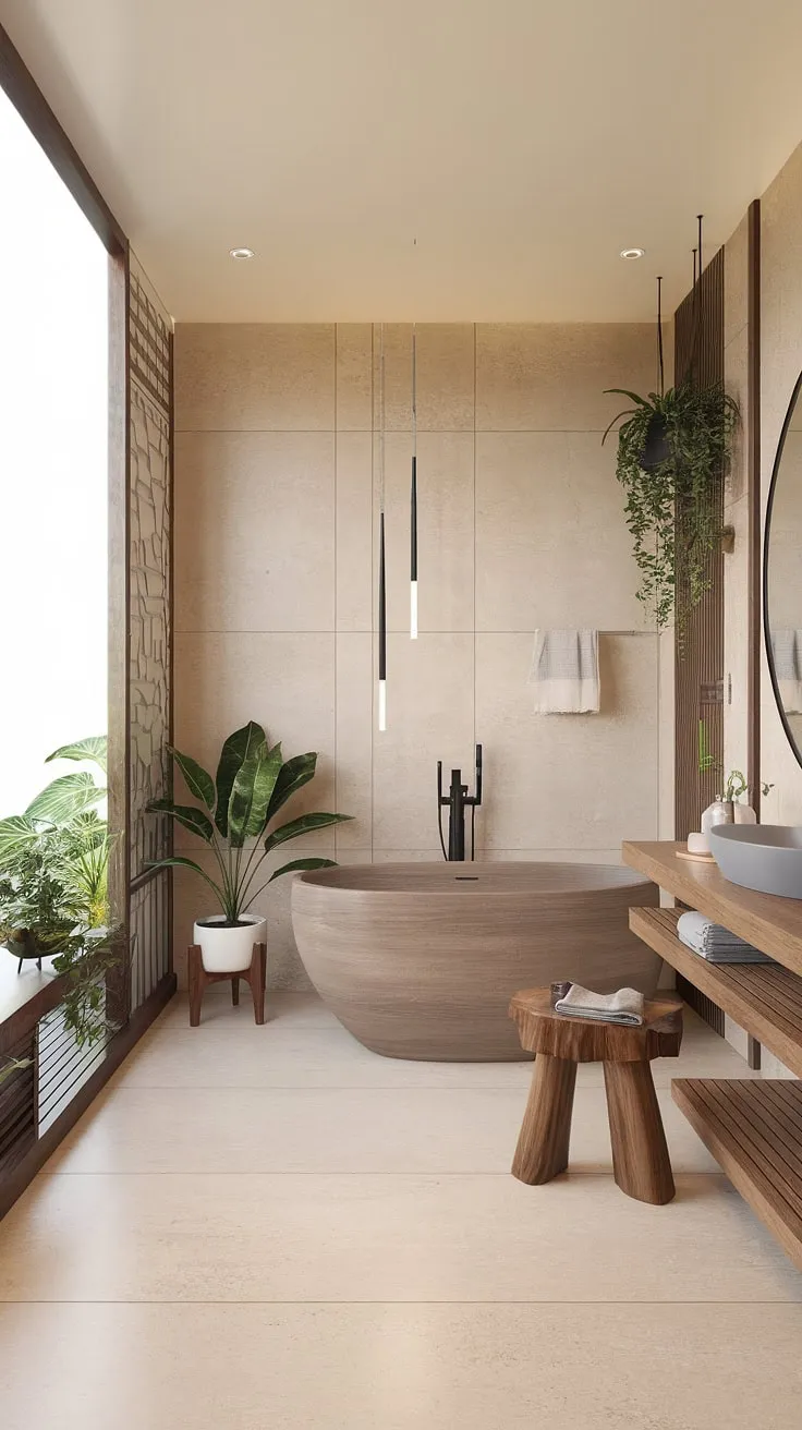 Find your sanctuary in this minimalist zen bathroom. Natural light floods the space, illuminating the warm wood of the freestanding bathtub and accentuating the calming effect of the carefully curated plants and art. A perfect escape for mindful moments.