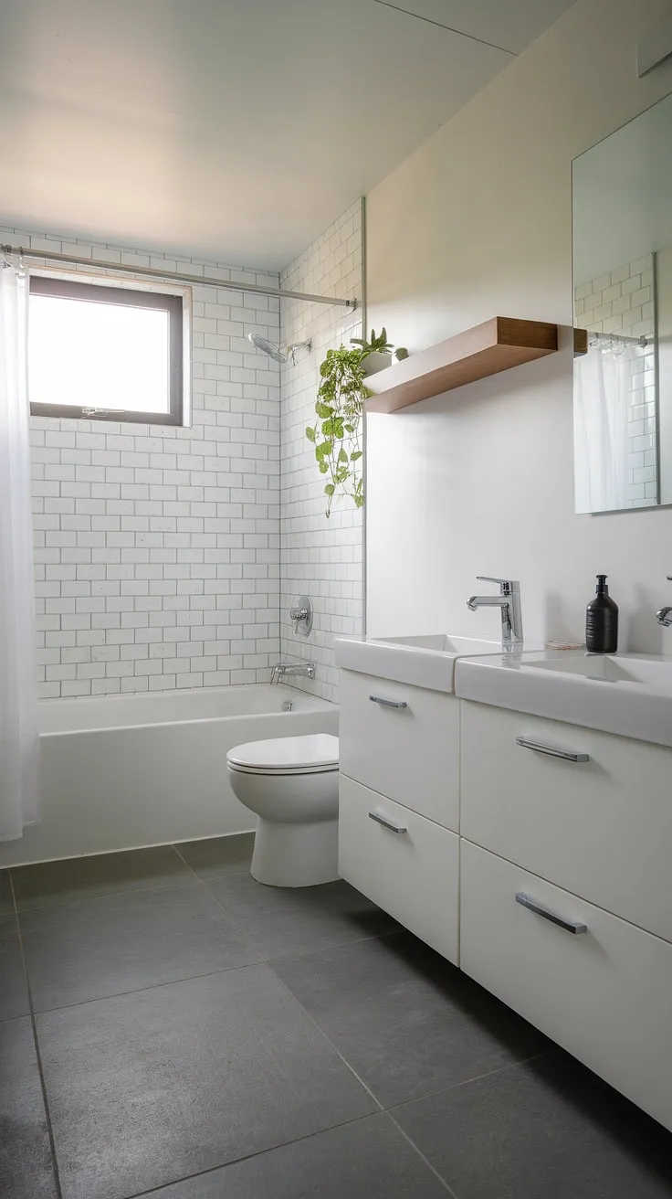 Escape the everyday in this serene bathroom oasis. The minimalist design, featuring a luxurious soaking tub and dual vanities, promotes a sense of calm and well-being. A simple wooden shelf and a single plant add a touch of nature to this perfectly balanced space.