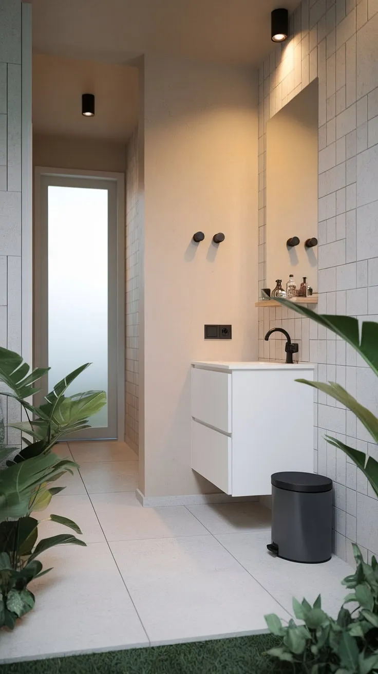 This modern zen bathroom is a sanctuary of calm. The white vanity, black accents, and thoughtfully placed plants create a space that is both stylish and incredibly relaxing. A testament to the power of mindful design.