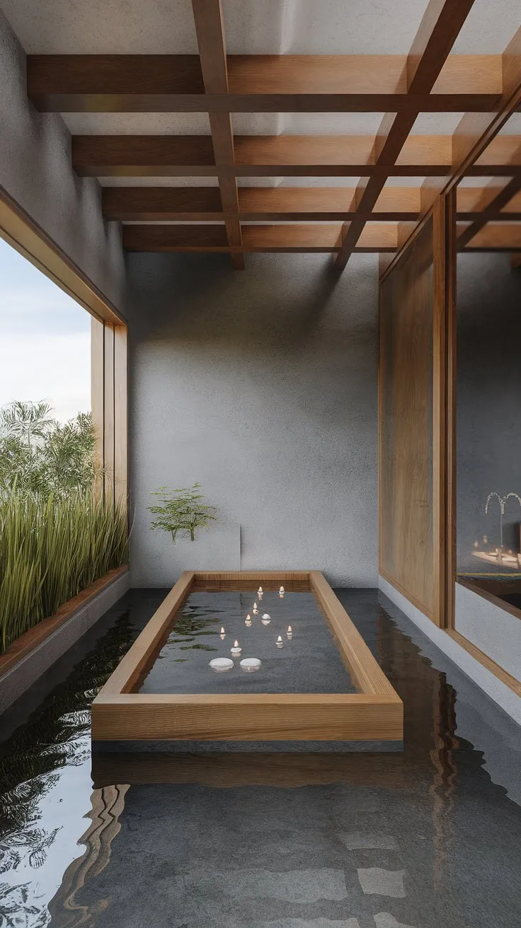 Grey concrete and wooden beams create a sanctuary of calm. A large window frames a breathtaking view, while a simple wooden box, containing water and floating candles, adds a touch of understated elegance. This bathroom perfectly embodies the 2025 trend of minimalist design with a focus on natural elements and functionality. A space designed for both body and soul.