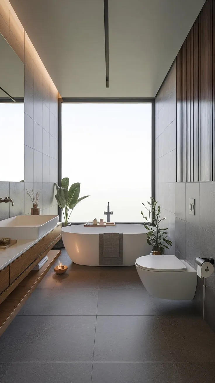 Find your sanctuary in this minimalist bathroom, where natural light floods the space, creating a serene atmosphere perfect for unwinding. The clean lines and natural materials, like the wooden vanity and grey tiles, contribute to a calming zen-like ambiance. A perfect escape for self-care and reflection.