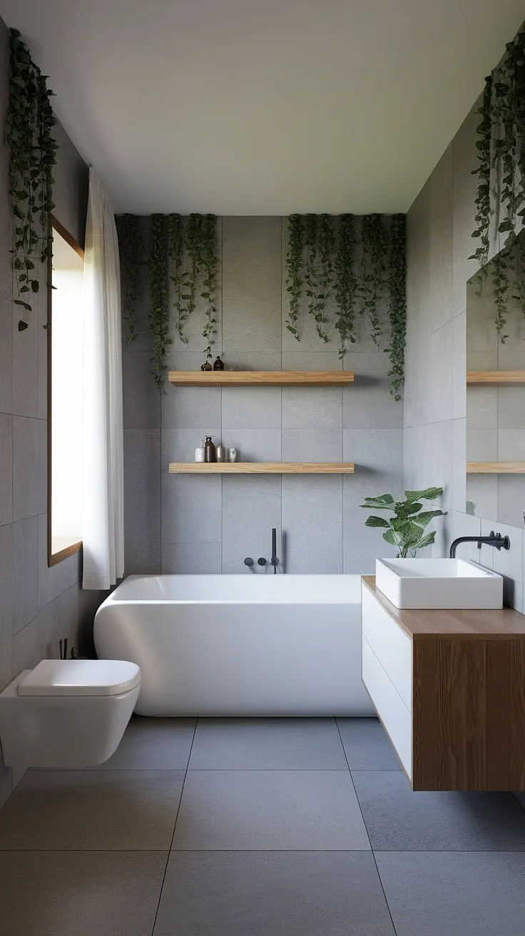 Indulge in the tranquility of this modern bathroom. The spacious design, featuring a freestanding tub and floating shelves, offers a peaceful retreat perfect for self-care and reconnecting with a renewed sense of well-being.