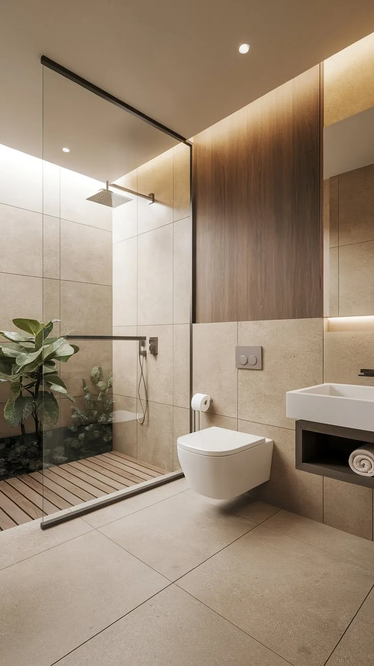 Find your center in this serene bathroom, where minimalist design meets tranquil comfort. The natural wood paneling adds warmth, while the clean lines and soft lighting create a sanctuary for relaxation and rejuvenation. A small potted plant adds a touch of life to this perfectly balanced space.