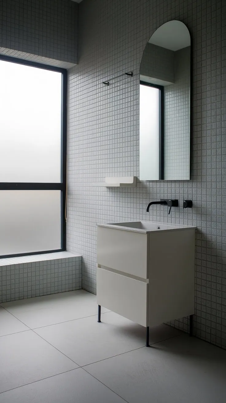 Find serenity in this minimalist bathroom, where clean lines and a calming grey palette create a sanctuary for self-care. The sleek black faucet and frosted window add subtle yet impactful design elements.