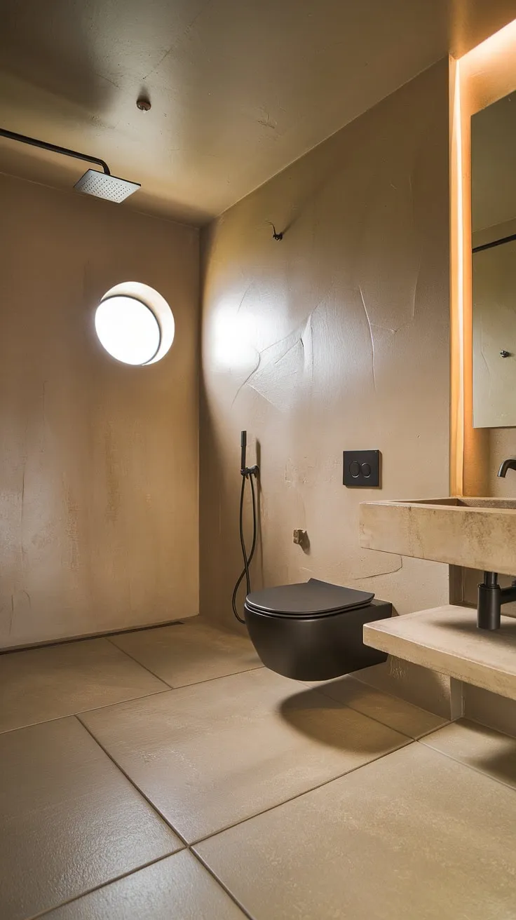 Find your sanctuary in this minimalist zen bathroom. The textured beige walls, rainfall shower, and floating vanity create a serene escape, perfect for unwinding after a long day. A small, round window allows natural light to filter in, completing the tranquil atmosphere.