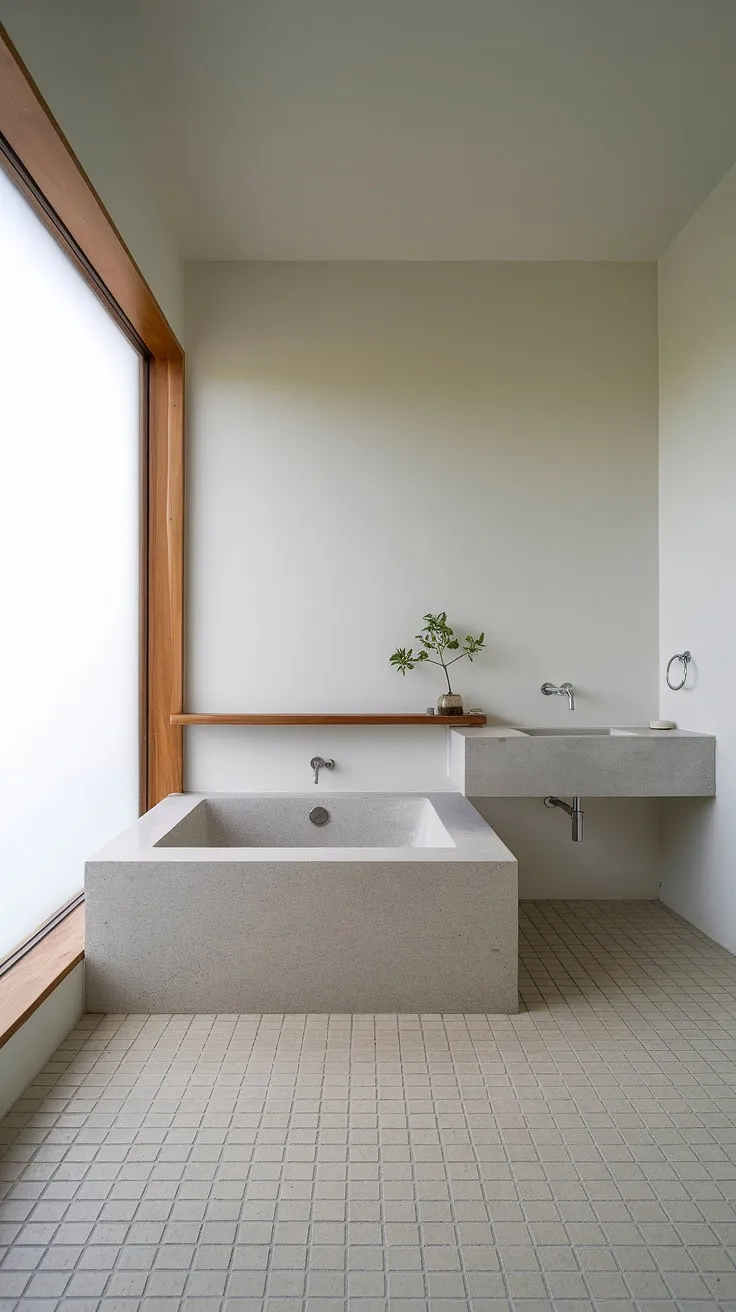 Find serenity in this minimalist bathroom, where the calming gray stone bathtub and natural light create a tranquil escape. The clean lines and simple design foster a sense of peace and rejuvenation, a perfect sanctuary for unwinding after a long day. A