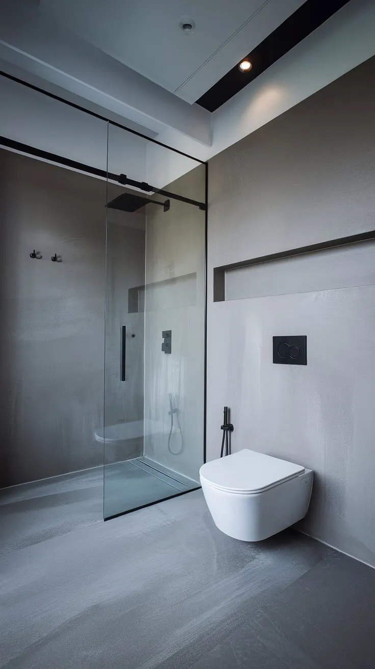 Find your center in this serene sanctuary. The minimalist design, featuring a walk-in shower and sleek grey tiles, creates a calming atmosphere perfect for mindful moments. A haven of tranquility awaits.