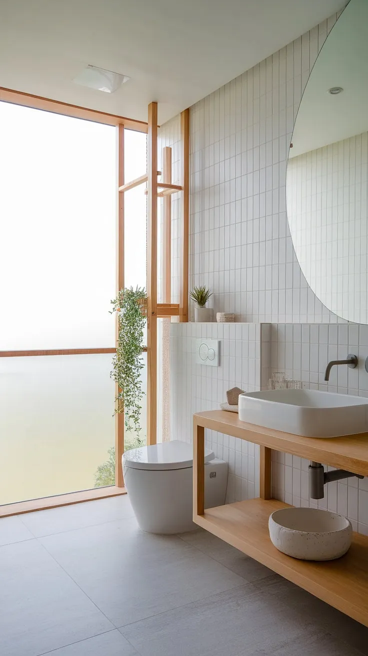 Bathed in sunlight, this minimalist bathroom is a testament to understated luxury. The interplay of light grey tiles, crisp white walls, and warm wood creates a tranquil atmosphere. A thoughtfully curated space, it offers a peaceful escape for daily rejuvenation and self-care.